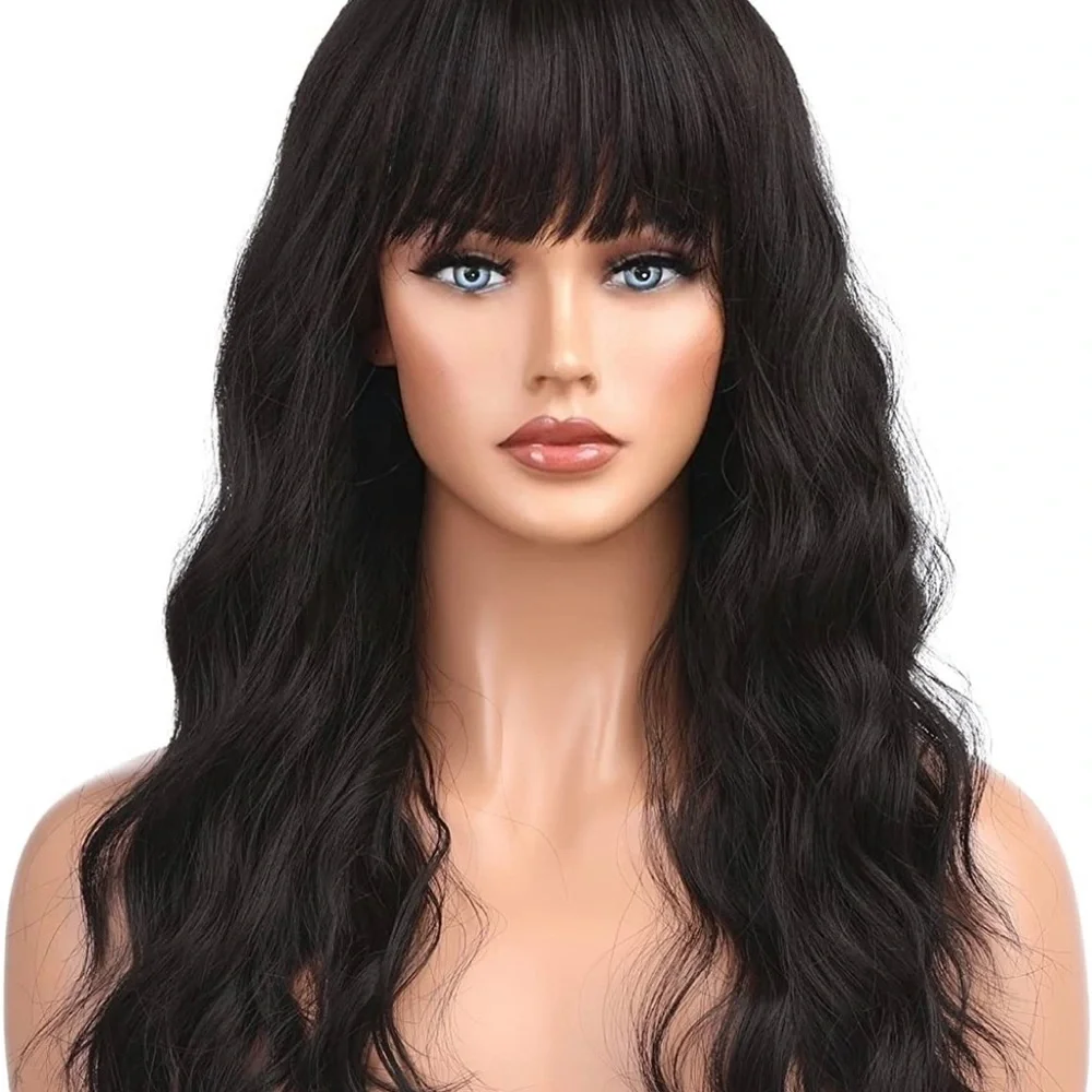 Human hair blend black brown curly wig wig